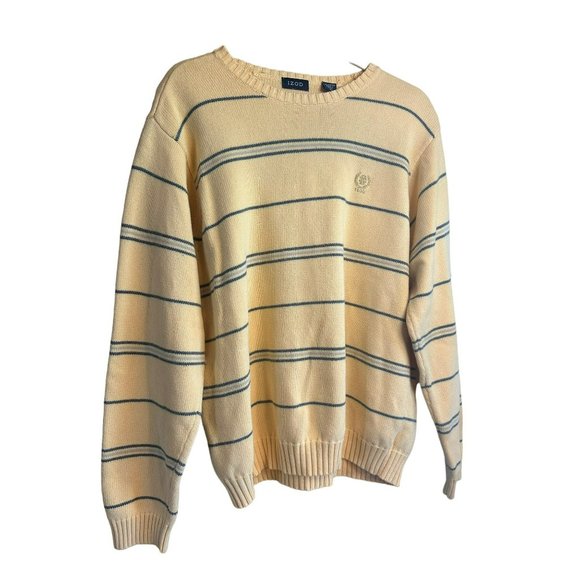 Izod Men's Stripe Casual Crew Neck Warm Business Yellow Sweater SZ Medium - Picture 3 of 7